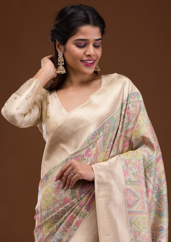 Elegant Cream Banarasi Silk Saree with Intricate Zari Work - Image 6