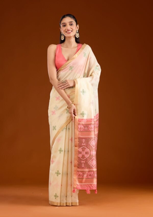 Elegant Cream Tissue Saree with Exquisite Zari Work - Image 4