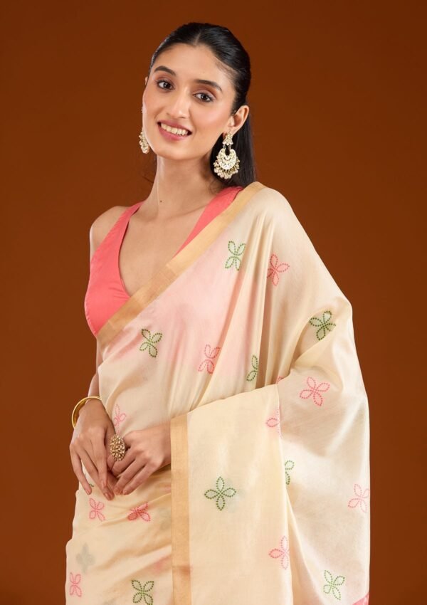 Elegant Cream Tissue Saree with Exquisite Zari Work - Image 3