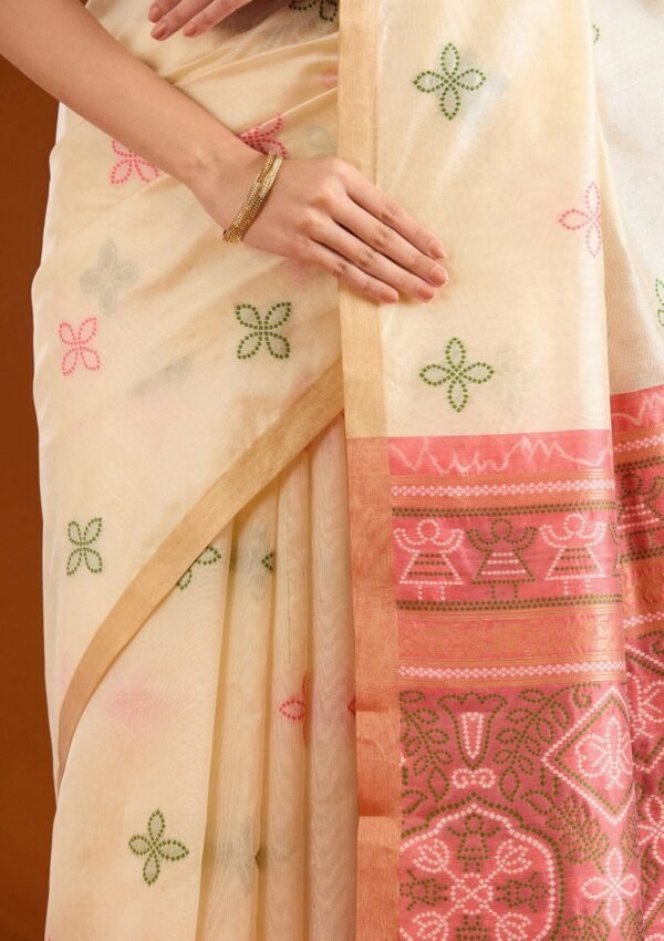 Elegant Cream Tissue Saree with Exquisite Zari Work - Image 7