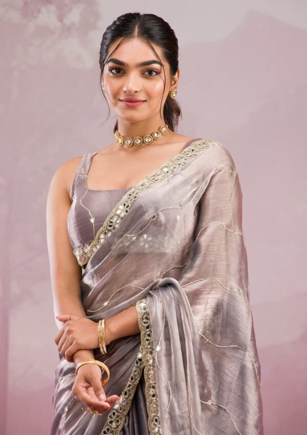 Elegant Grey Mirrorwork Tissue Saree for a Stunning Look - Image 6