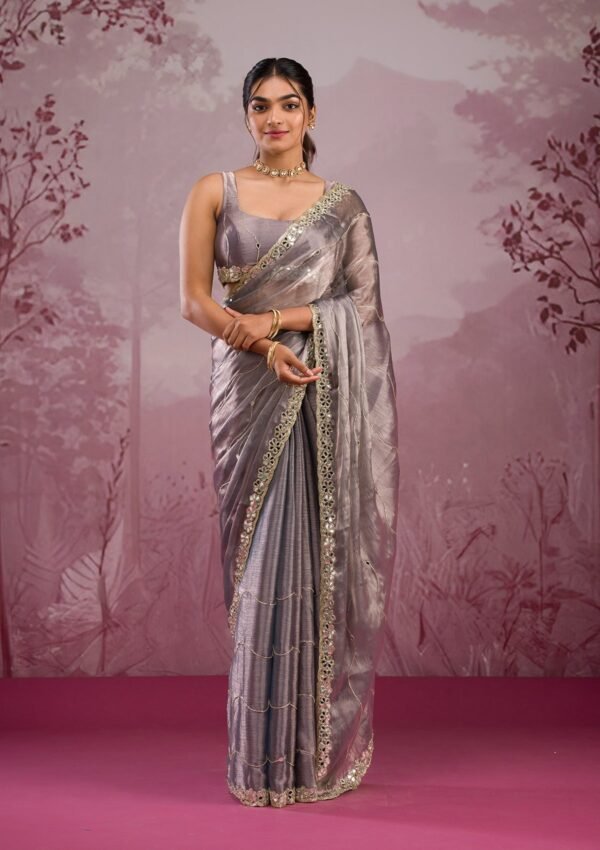 Elegant Grey Mirrorwork Tissue Saree for a Stunning Look - Image 3