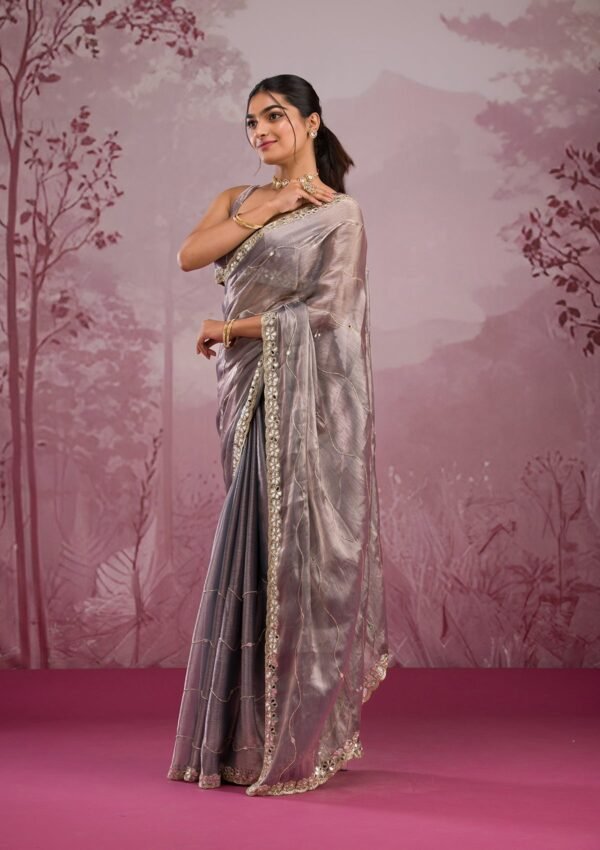 Elegant Grey Mirrorwork Tissue Saree for a Stunning Look - Image 4