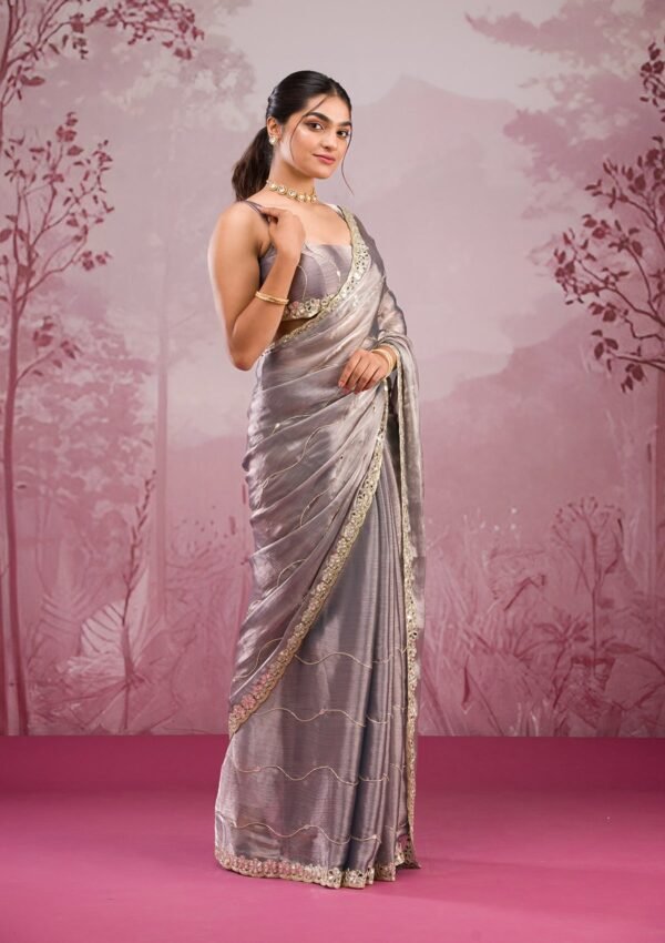 Elegant Grey Mirrorwork Tissue Saree for Stunning Style - Image 5