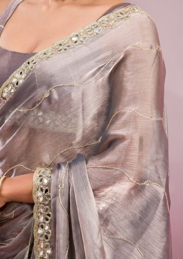 Elegant Grey Mirrorwork Tissue Saree for Stunning Style - Image 7
