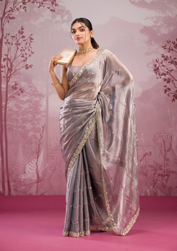 Elegant Grey Mirrorwork Tissue Saree for a Stunning Look