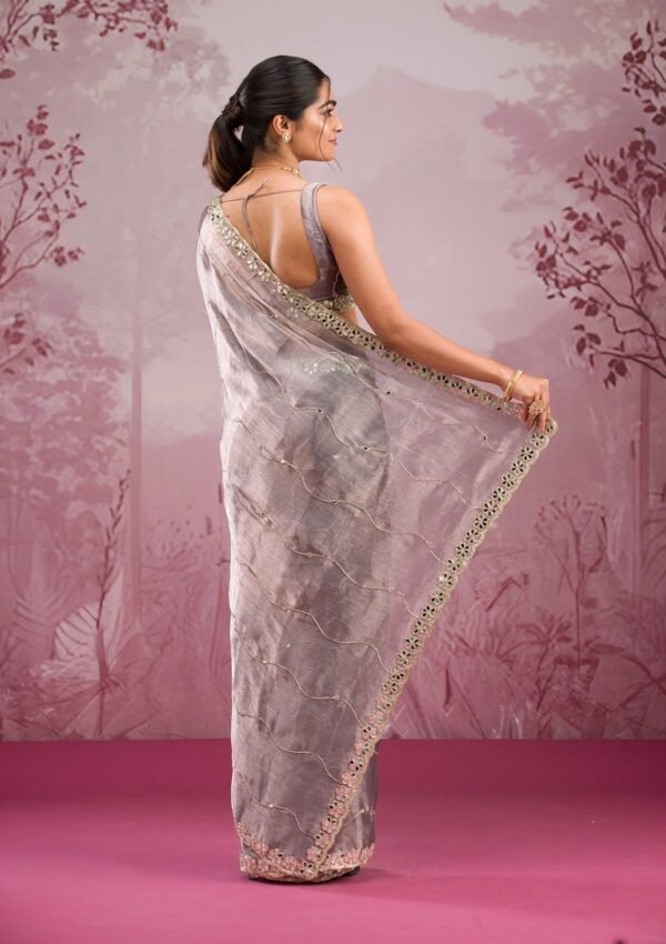Elegant Grey Mirrorwork Tissue Saree for a Stunning Look - Image 2