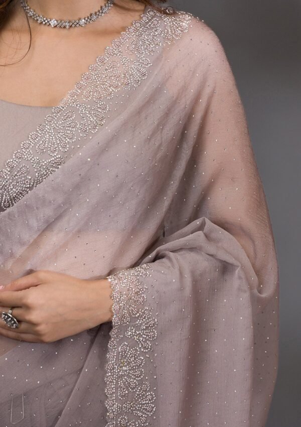 Elegant Grey and Silver Stonework Tissue Saree - Image 7
