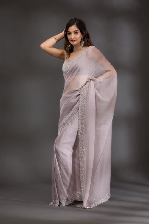 Elegant Grey and Silver Stonework Tissue Saree