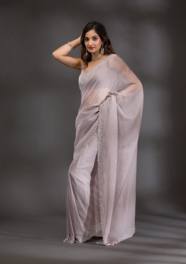Elegant Grey Silver Stone-Studded Tissue Saree