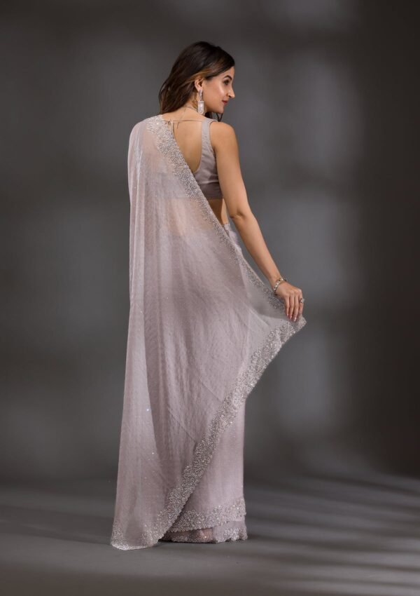 Elegant Grey and Silver Stonework Tissue Saree - Image 2