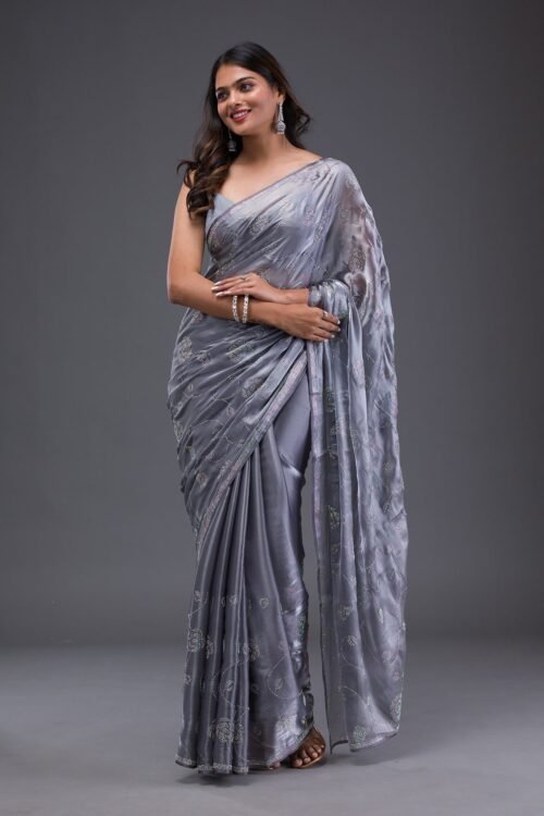 Elegant Grey Chiffon Saree with Stunning Swarovski Accents