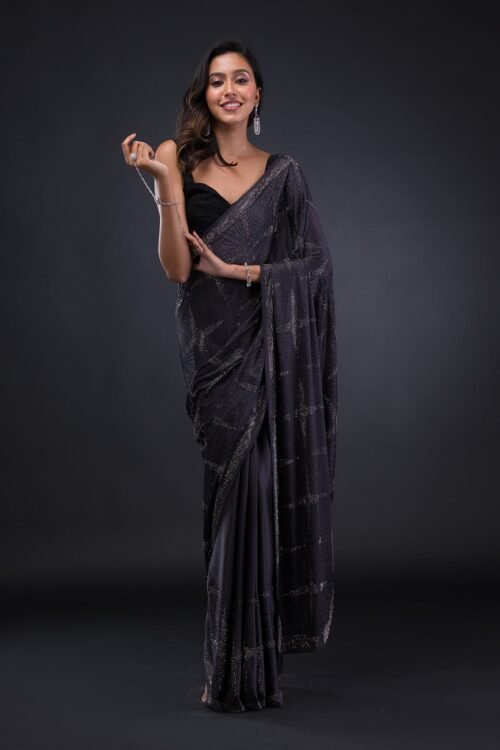 Elegant Grey Satin Saree with Swarovski Embellishments