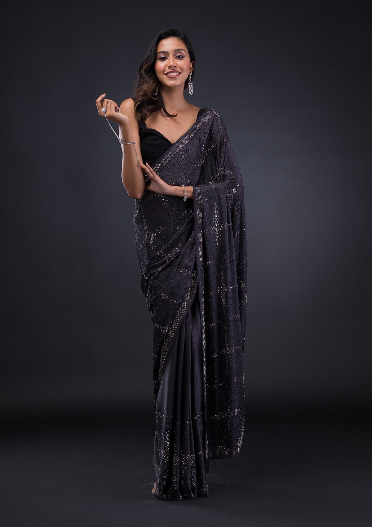 Elegant Grey Satin Saree with Swarovski Embellishments