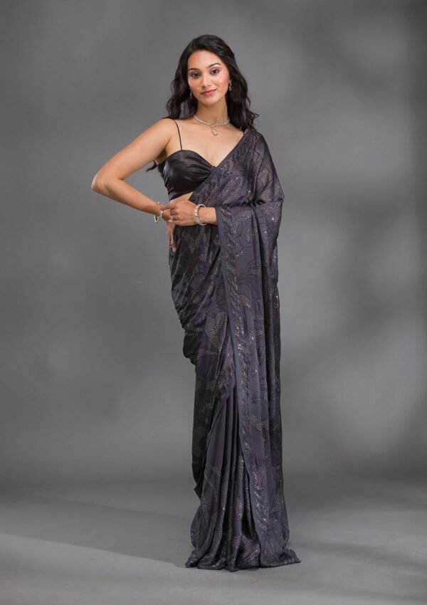 Elegant Grey Satin Saree with Swarovski Accents - Image 3