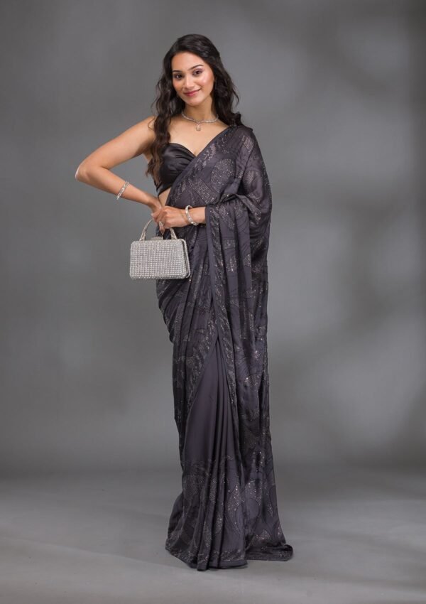 Elegant Grey Satin Saree with Swarovski Accents