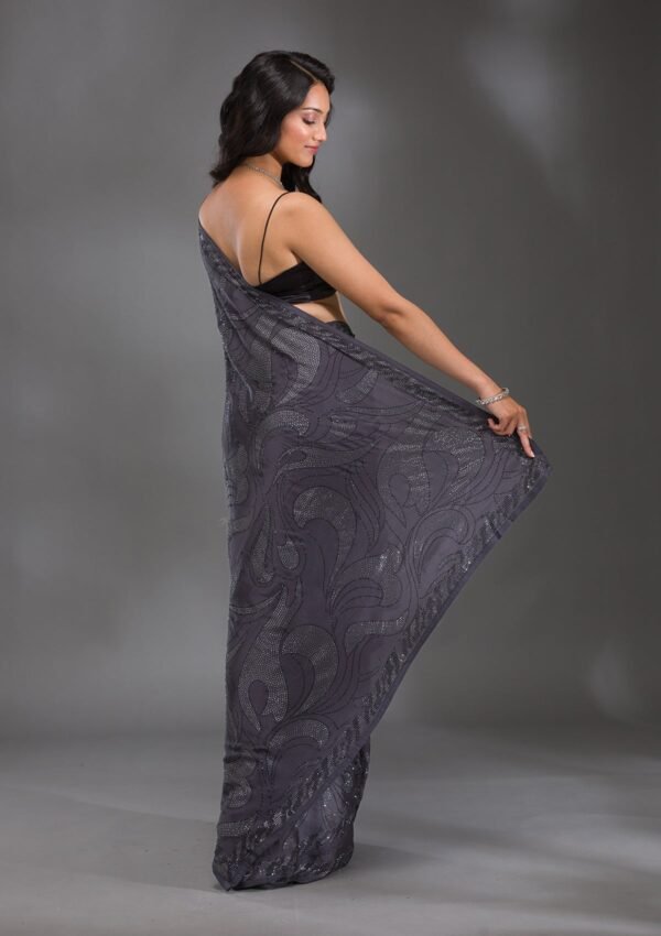 Elegant Grey Satin Saree with Swarovski Accents - Image 2