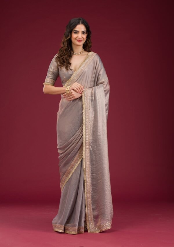 Elegant Grey Threadwork Tissue Saree for Timeless Style - Image 3