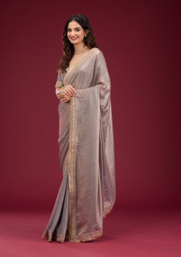 Elegant Grey Threadwork Tissue Saree for Timeless Style - Image 4