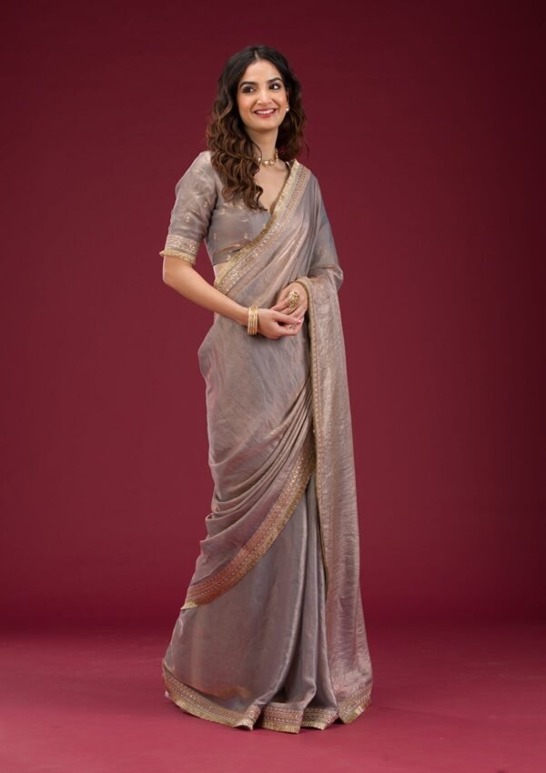 Elegant Grey Threadwork Tissue Saree for Timeless Style - Image 5