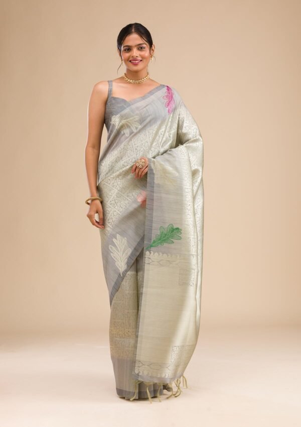 Elegant Grey Zariwork Soft Silk Saree for Timeless Chic - Image 3