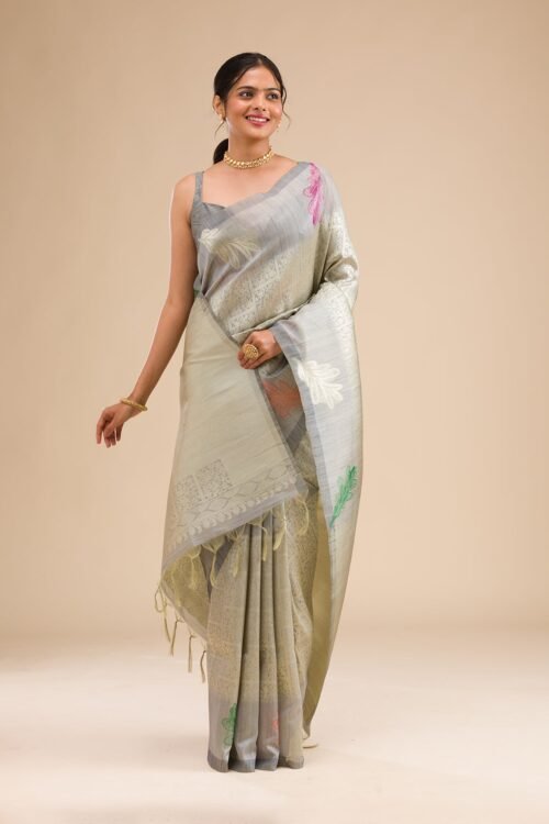 Elegant Grey Zariwork Soft Silk Saree for Timeless Chic