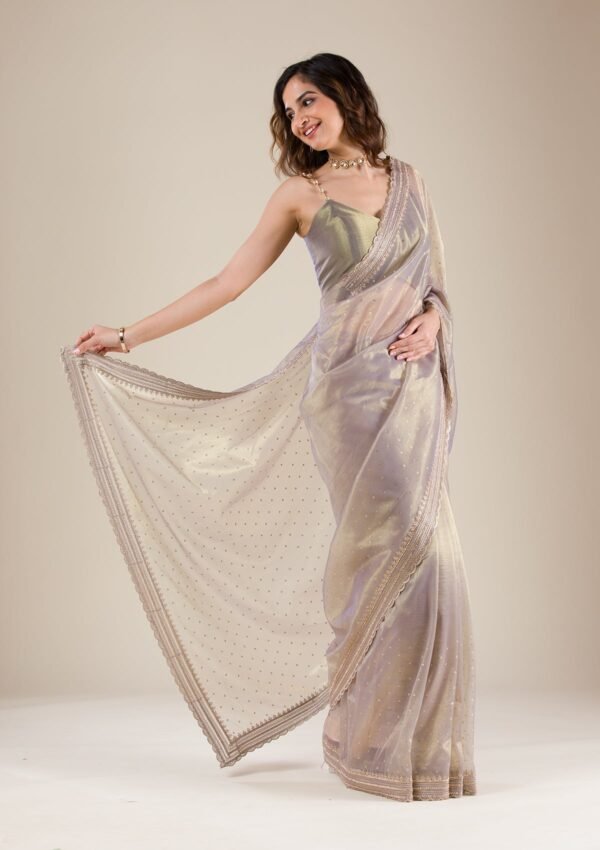 Elegant Grey Tissue Saree with Intricate Zari Work - Image 3