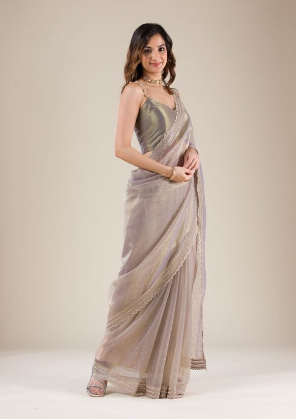 Elegant Grey Tissue Saree with Intricate Zari Work - Image 5