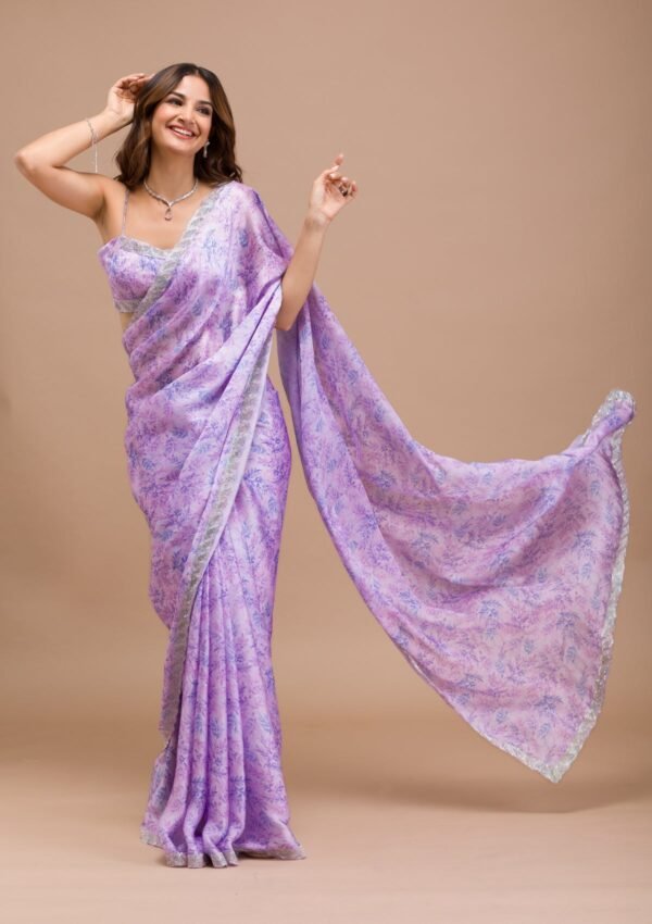 Elegant Lavender Satin Saree with Beautiful Print