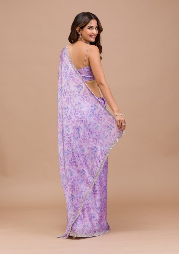 Elegant Lavender Satin Saree with Beautiful Print - Image 2