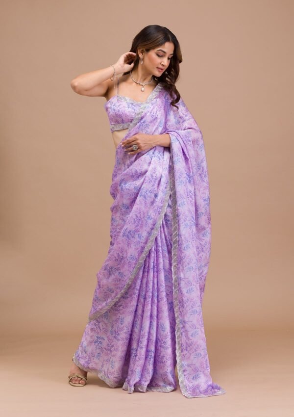 Elegant Lavender Satin Saree with Beautiful Print - Image 3