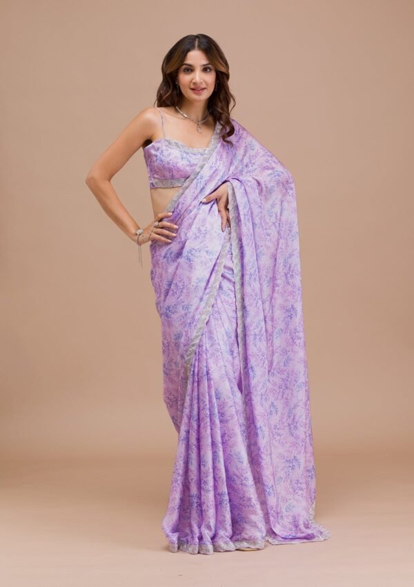 Elegant Lavender Satin Saree with Beautiful Print - Image 4
