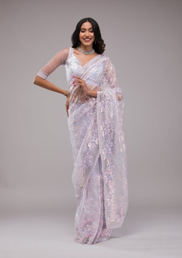 Glamorous Lavender Sequin-Embellished Net Saree - Image 4