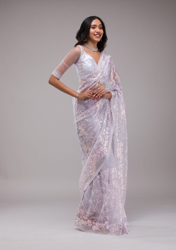 Glamorous Lavender Sequin-Embellished Net Saree - Image 6