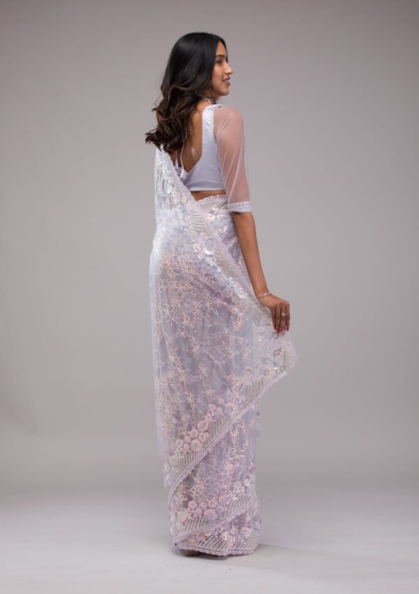 Glamorous Lavender Sequin-Embellished Net Saree - Image 3