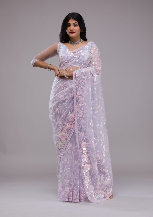 Elegant Lavender Sequined Tissue Saree - Image 3