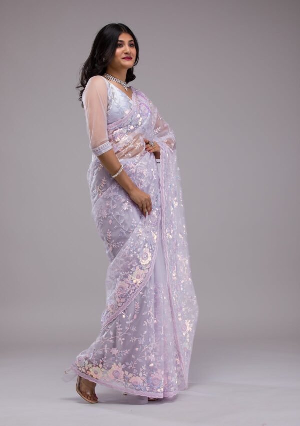 Elegant Lavender Sequined Tissue Saree - Image 4