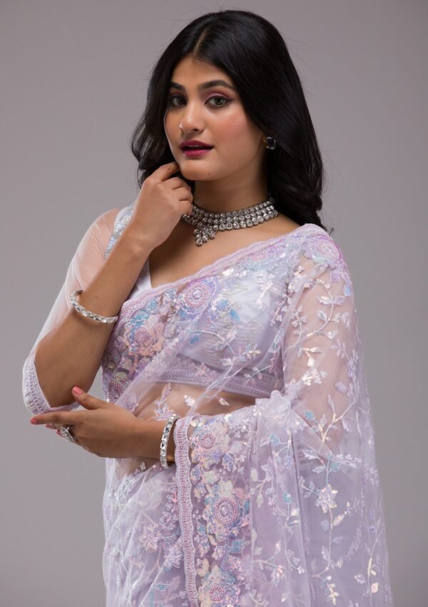 Elegant Lavender Sequined Tissue Saree - Image 6