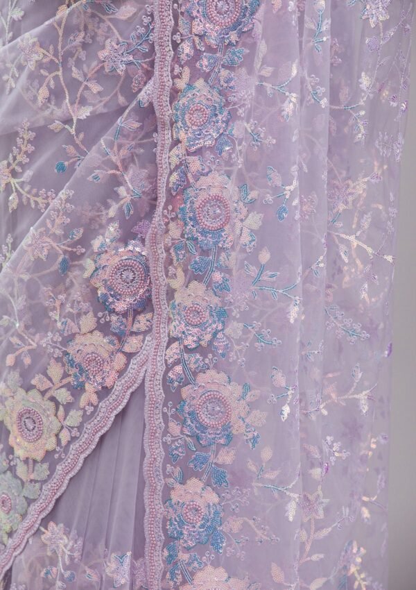 Elegant Lavender Sequined Tissue Saree - Image 7