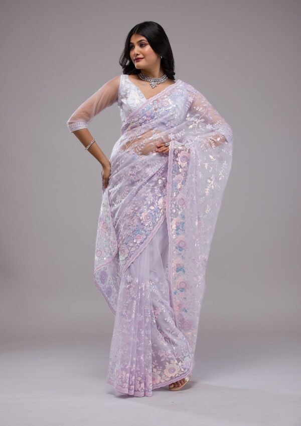 Elegant Lavender Sequined Tissue Saree - Image 5