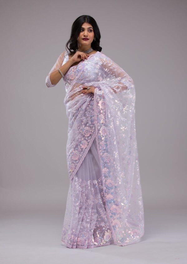 Elegant Lavender Sequined Tissue Saree