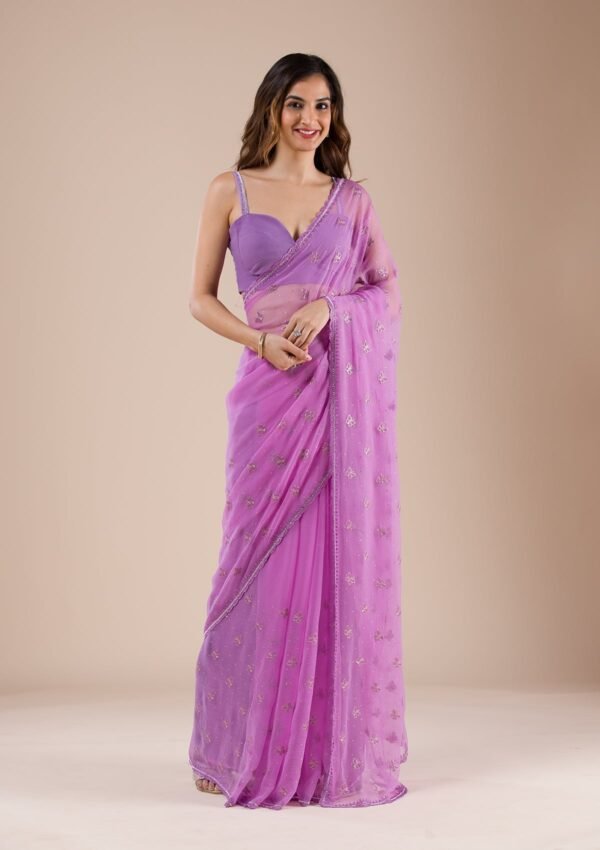 Elegant Lavender Chiffon Saree with Beautiful Stonework - Image 4