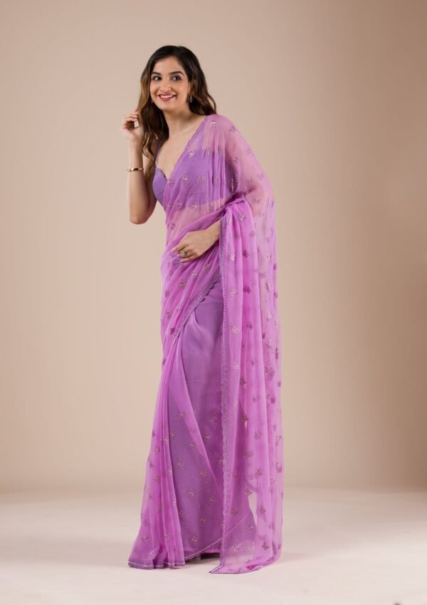 Elegant Lavender Chiffon Saree with Beautiful Stonework - Image 5