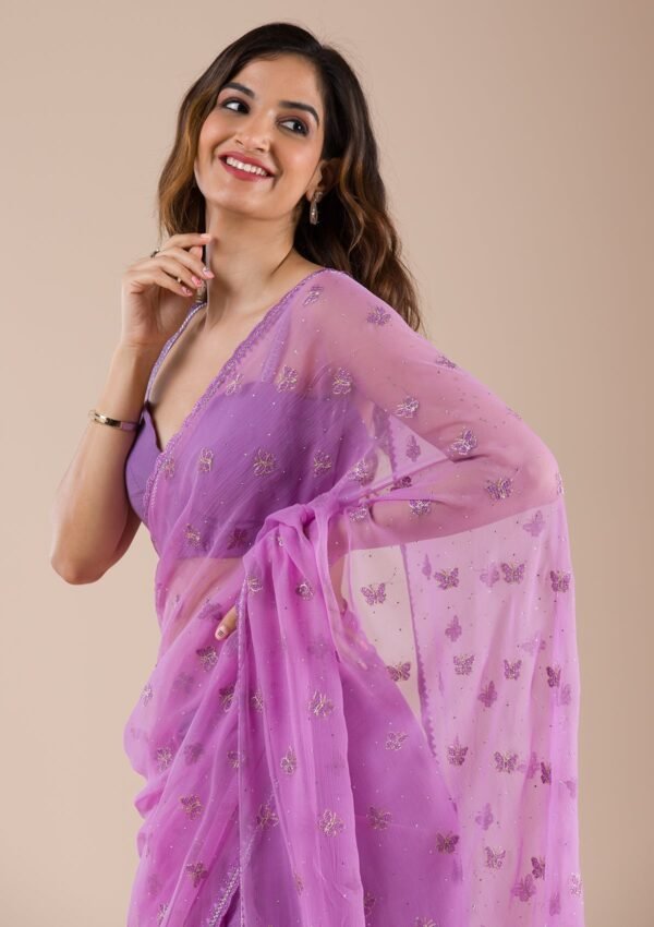 Elegant Lavender Chiffon Saree with Beautiful Stonework - Image 3