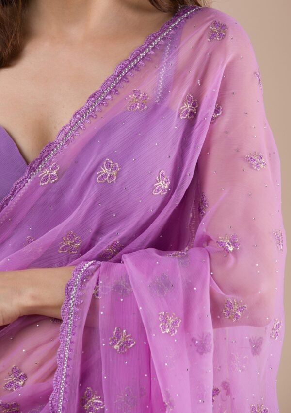 Elegant Lavender Chiffon Saree with Beautiful Stonework - Image 8