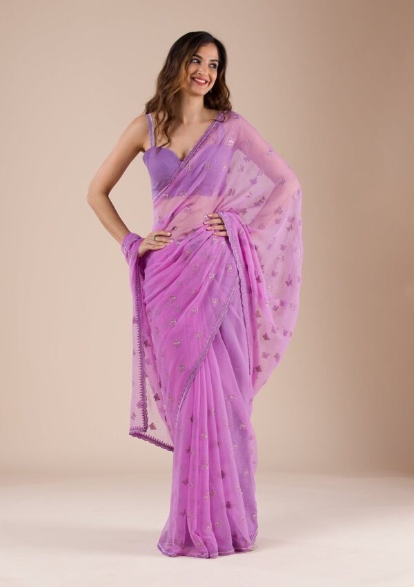 Elegant Lavender Chiffon Saree with Beautiful Stonework