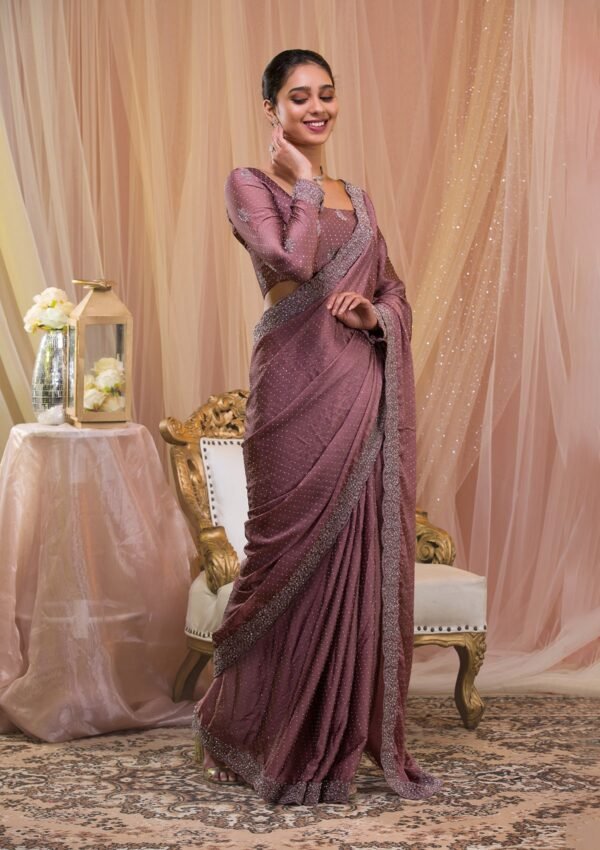 Elegant Lavender Stonework Crepe Designer Saree - Image 3