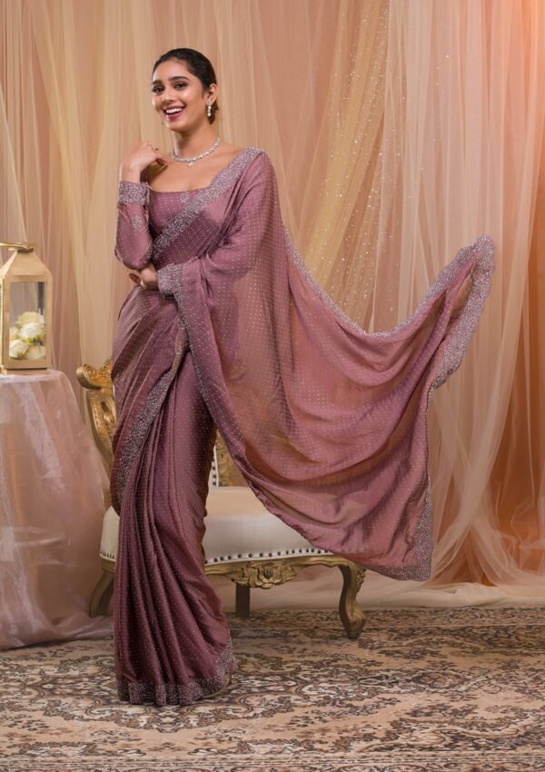 Elegant Lavender Stonework Crepe Designer Saree - Image 6