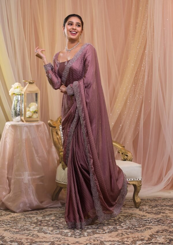 Elegant Lavender Stonework Crepe Designer Saree - Image 4