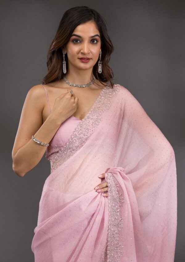 Elegant Lavender Chiffon Saree with Exquisite Threadwork - Image 7
